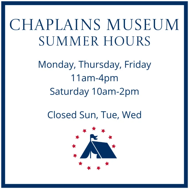 The Chaplains Museum is open for the summer! We will be open Mondays, Thursdays, and Fridays from 11am-4pm, and Saturdays from 10am-2pm. Come see our collections and enjoy the open parking!

#chaplains #militarychaplains #chaplainsmuseum #libertyuniversity