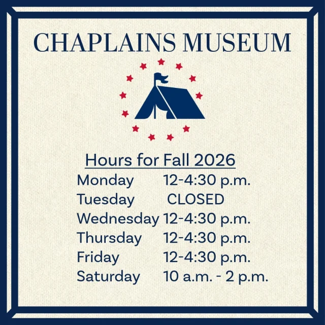 The Chaplains Museum is back! Today, September 7, we reopen with our Fall 2026 schedule. We're open weekdays 12-4:30 EXCEPT we will be closed on Tuesdays. Saturday hours are 10am-2pm. 

Come back and take a look at all the changes and additions that have happened over the summer. 

Check out our website for new content (link in bio).

If you've visited us before, comment your favorite museum object, exhibit, or story. If you've never been before, comment a question about military chaplains or the museum.

#chaplainsmuseum #militarychaplain #chaplain